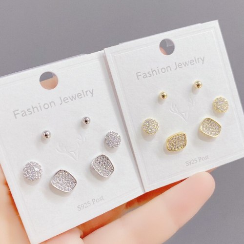 Korean Style Fashion 925 Silver Needle with Chain Zircon Female Stud Earrings Ins Versatile Temperament Three Pairs of Earrings