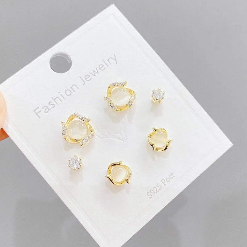 Korean Style S925 Silver Needle Fashion Girl Stud Earrings 3PCs/Set Opal Student Mini Simple Stud Earrings