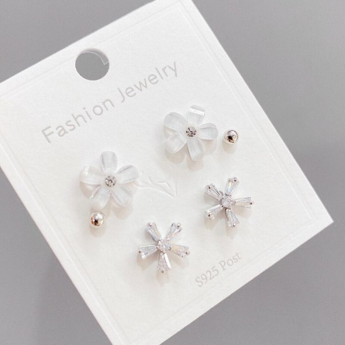S925 Silver Needle Fashion Stud Earrings Female 3pcs/Set Zircon Petals Student Mini Simple Stud Earrings Ornament