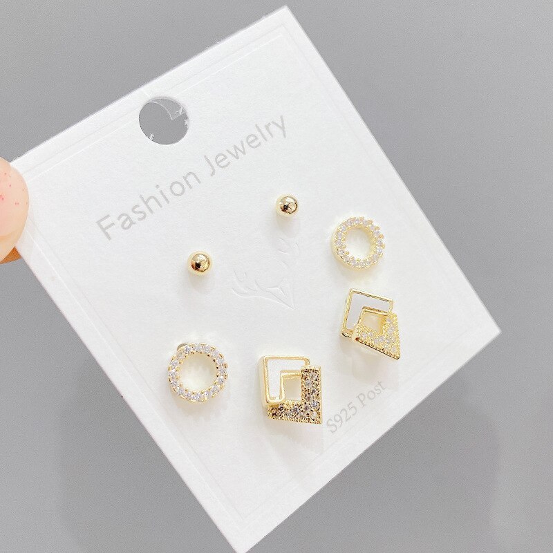 S925 Silver Needle Three Pairs of Stud Earrings Female Korean Fashion Geometric Micro Inlaid Zircon Earrings Simple Ear Jewelry