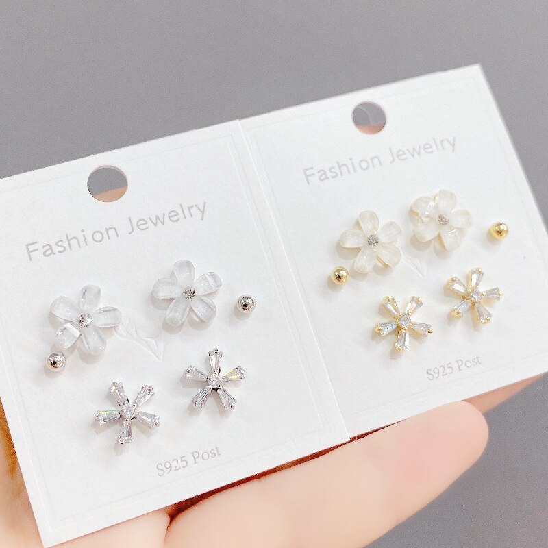 S925 Silver Needle Fashion Stud Earrings Female 3pcs/Set Zircon Petals Student Mini Simple Stud Earrings Ornament