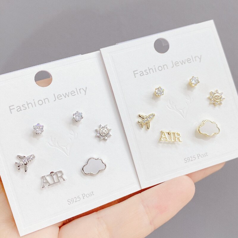 Korean Style Exquisite 925 Silver Needle Zircon Women's Ear Studs Versatile Temperament Three Pairs of Earrings Jewelry