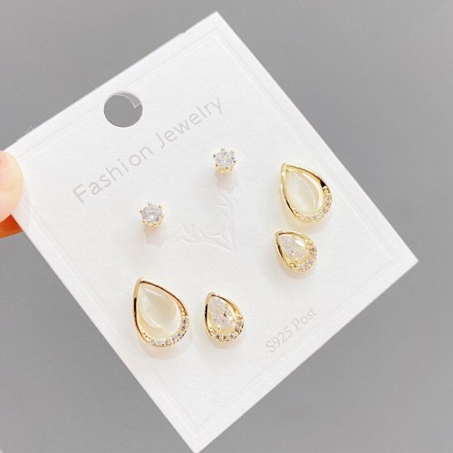 Korean Style S925 Silver Needle Fashion Stud Earrings Girl 3pcs/Set Stud Earrings Opal Student Mini Simple Stud Earrings