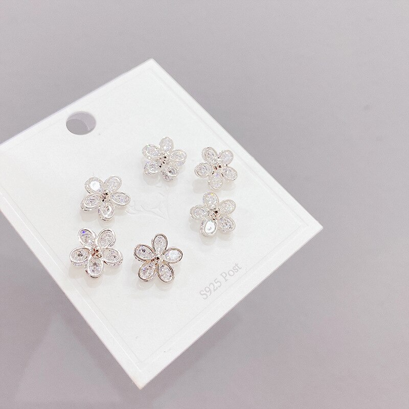 Korean Style Micro Inlaid Zircon Petal Stud Earrings for Women 3pcs/Set Earrings Set S925 Silver Needle Earrings Jewelry