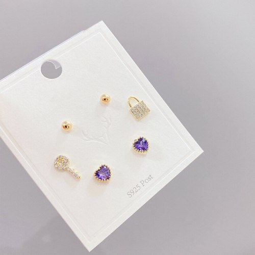 S925 Silver Needle Korean Style Micro Inlaid Zircon Key 3pcs/Set Studs Earrings Personalized Earrings Jewelry for Women