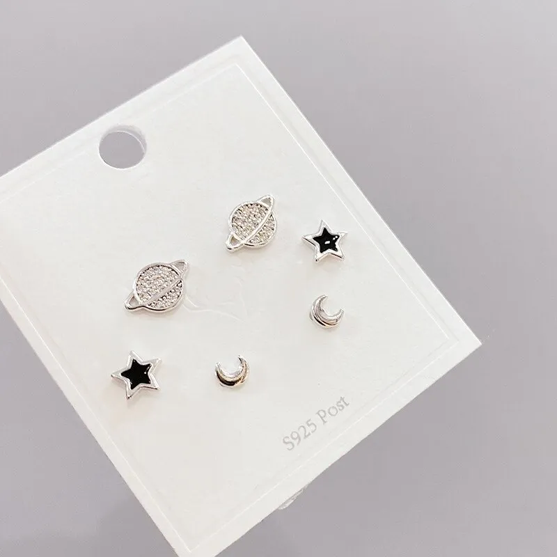 S925 Silver Needle Micro-Inlaid Zircon Planet 3 Pcs/set Stud Earrings Small Personalized Combination Earrings Jewelry for Women