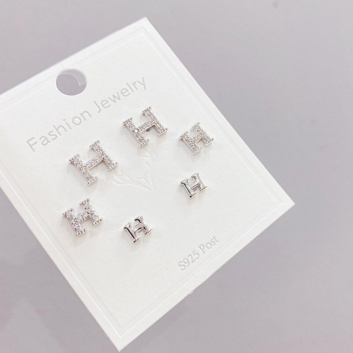 S925 Silver Needle Inlaid Zircon H Letter 3 Pcs/set Stud Earrings Personalized Combination Earrings Jewelry for Women