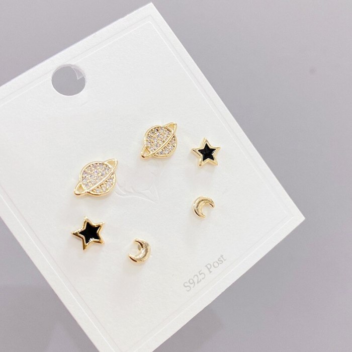 S925 Silver Needle Micro-Inlaid Zircon Planet 3 Pcs/set Stud Earrings Small Personalized Combination Earrings Jewelry for Women