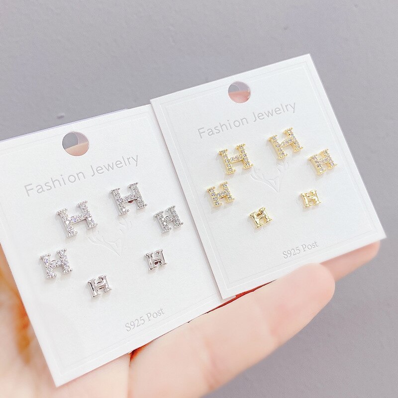 S925 Silver Needle Inlaid Zircon H Letter 3 Pcs/set Stud Earrings Personalized Combination Earrings Jewelry for Women