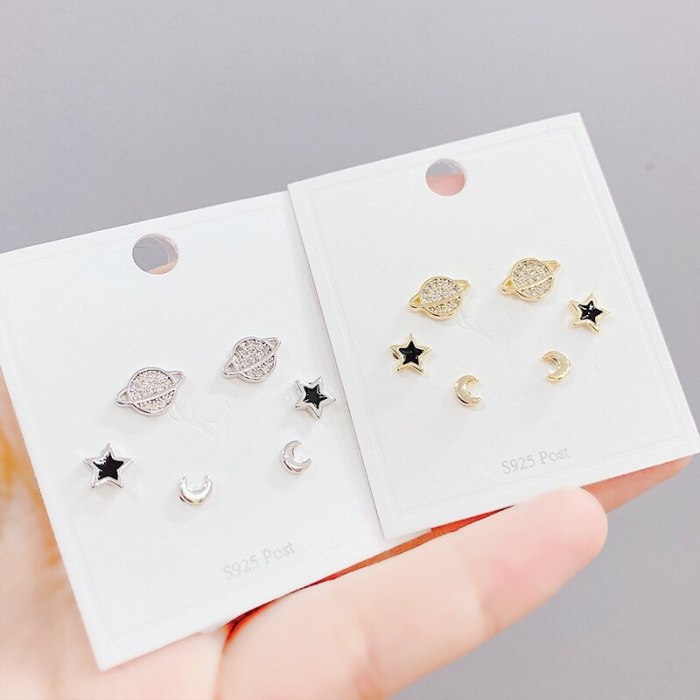 S925 Silver Needle Micro-Inlaid Zircon Planet 3 Pcs/set Stud Earrings Small Personalized Combination Earrings Jewelry for Women