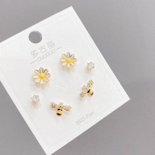S925 Silver Needle Little Daisy Ring 3 Pcs/set Stud Earrings Personality Bee Earrings Jewelry for Women