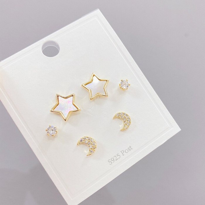 S925 Silver Needle Micro-Inlaid Zircon Moon 3 Pcs/set Stud Earrings Korean Style Personalized Earrings Combination for Women