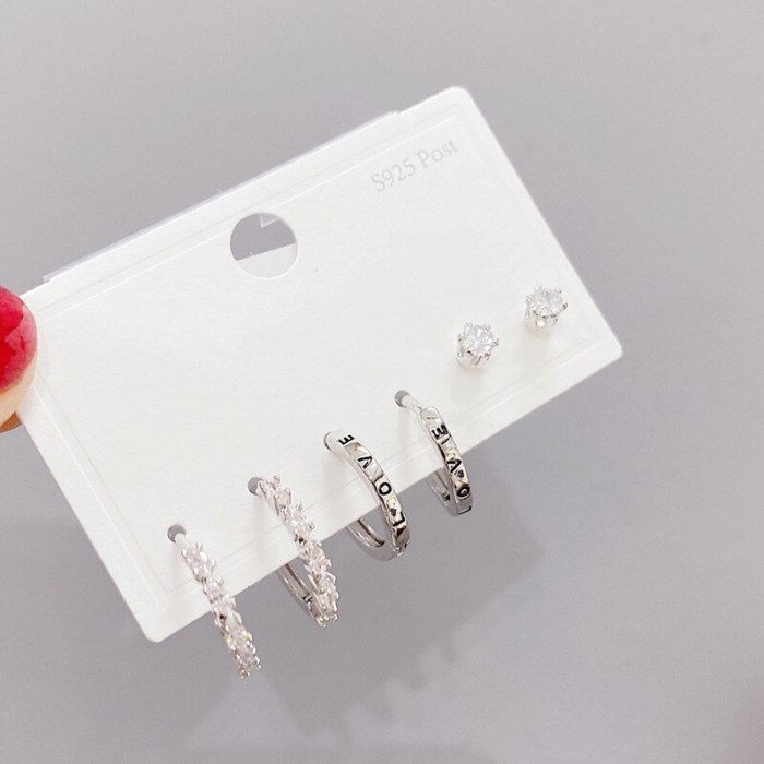 S925 Silver Pin Stud Earrings for Women 3 Pcs/set Korean Fashion Micro-Inlaid Full Diamond Earrings Jewelry