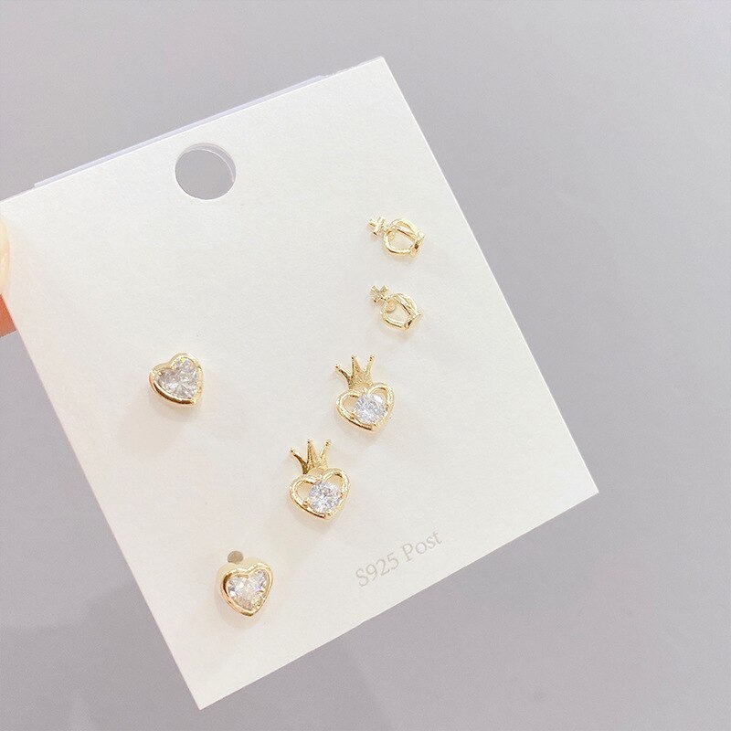 S925 Silver Needle Zircon Peach Heart 3Pcs/set Stud Earrings Small Personalized Combination Earrings Jewelry for Women