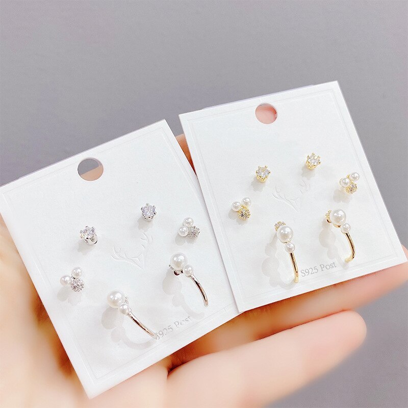 S925 Silver Needle Korean Stud Earrings Women's Small Micro-Inlaid Zircon Earrings 3 Pcs/set Pearl Earrings Jewelry Wholesale