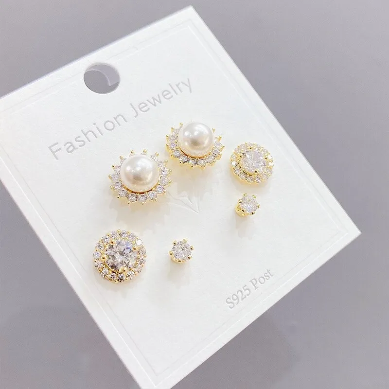 Earrings S925 Silver Needle Micro-Inlaid Zircon Stud Earrings 3pcs/Set Korean Style Personalized Pearl Earrings Set for Women