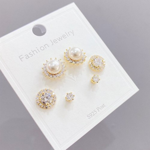 Earrings S925 Silver Needle Micro-Inlaid Zircon Stud Earrings 3pcs/Set Korean Style Personalized Pearl Earrings Set for Women