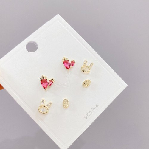 Earrings S925 Silver Needle 3pcs/Set Micro Inlaid Zircon Stud Earrings Korean Style Peach Heart Rabbit Earrings Set for Women