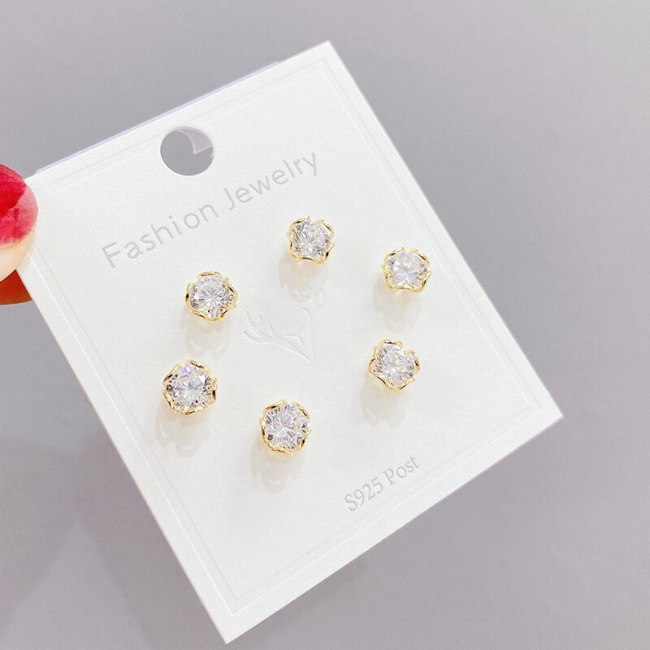 S925 Silver Pin Stud Earrings for Women 3pcs/Set Korean Fashion Simple Micro Inlaid Zircon Earrings Jewelry