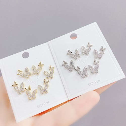 S925 Silver Pin Stud Earrings for Women 3 Pcs/set Micro-Inlaid Full Diamond Butterfly Stud Earrings Jewelry