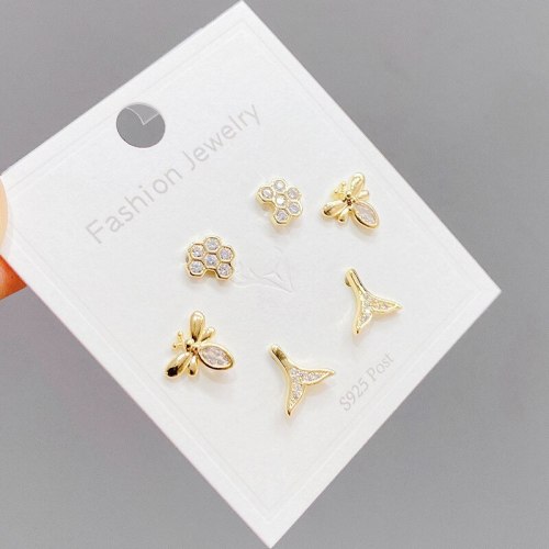Korean Exquisite 925 Silver Needle with Chain Zircon Female Stud Earrings One Card Three Pairs Earrings