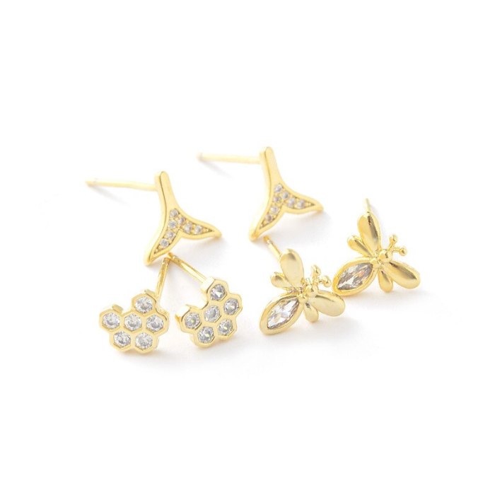 Korean Exquisite 925 Silver Needle with Chain Zircon Female Stud Earrings One Card Three Pairs Earrings