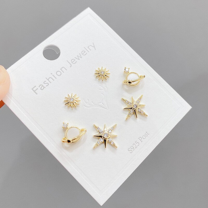 Sterling Silver Needle Fashion Girl Three Piece Set Ear Studs One Card Three Pairs Eight Awn Star Student Mini  Simple Ear Studs