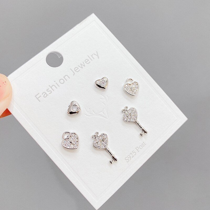 Peach Heart Key Lock Sterling Silver Needle Small Ear Studs One Card Three Pairs Set Zircon Anti-Allergy Earrings