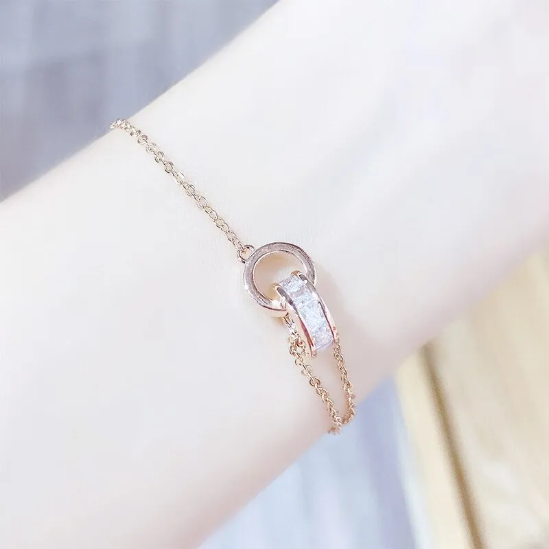 Korean Fashion Micro Inlaid Zircon Small Waist Bracelet Women's Simple Ins Double Ring Trendy Personality Hand Jewelry 081