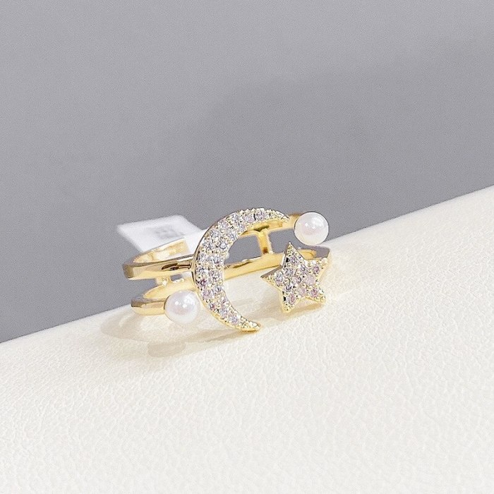 European and American Fashion Women's Ring Hollow Star Moon Ring Personality Diamond Five-Pointed Star Open Ring Jewelry