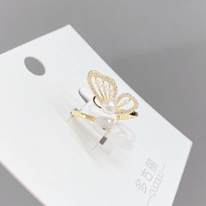 Korean Style Fairy Elegant Butterfly Wings Micro Inlaid Zircon Pearl Ring Female Open Adjustable Ring Ring