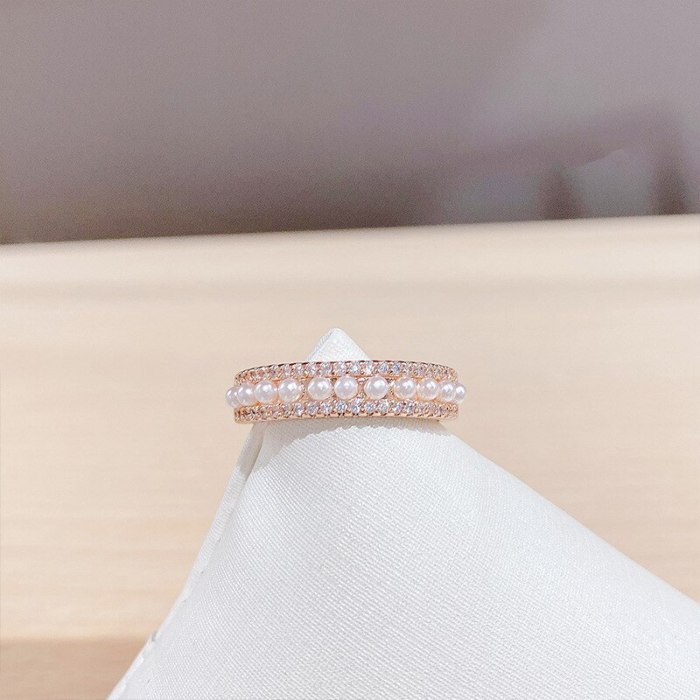 European and American Pearl Ring Simple Full Diamond Female Ring Fashion Index Finger Ring Jewelry