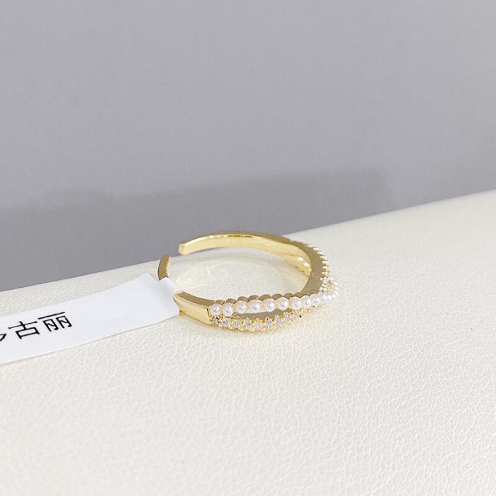 Korean Style Fashion Ring Female Twist Pearl Ring Ins Micro Inlaid Zircon Personality Open Jewelry