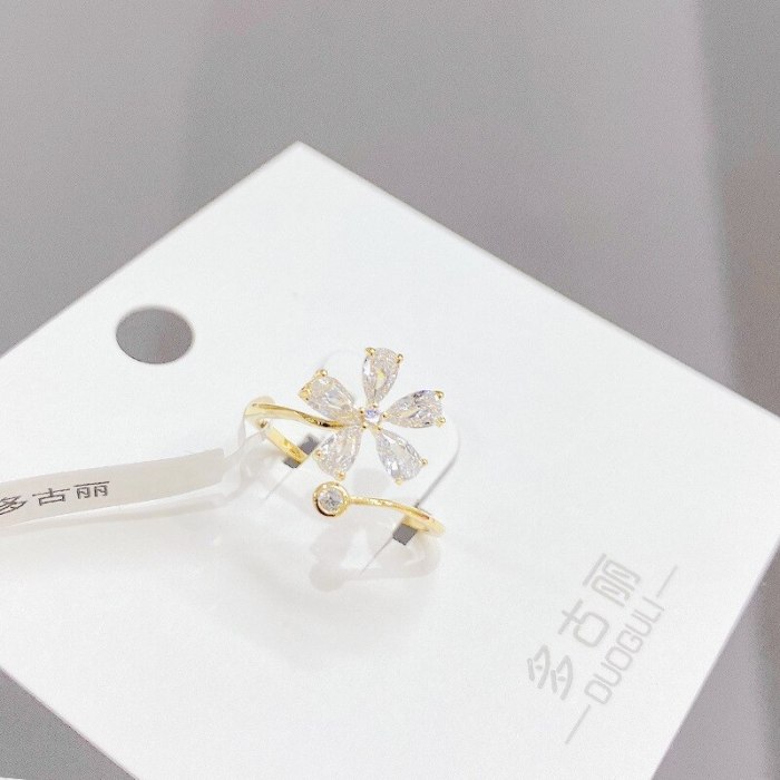 Korean Style Creative Micro Inlaid Zircon Flower Ring Girl Petal Ring Open Ring