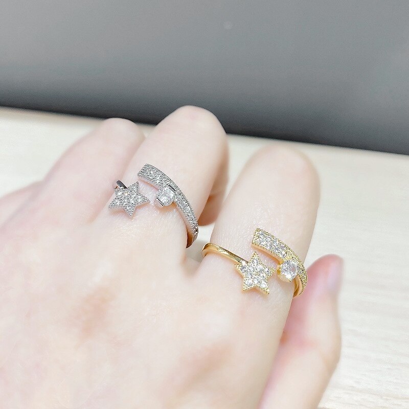 New Zircon Five-Pointed Star Open Ring Fashion Personality Trendy Jewelry