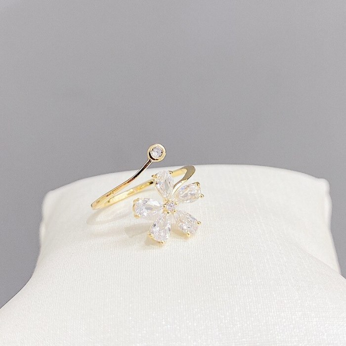 Korean Style Creative Micro Inlaid Zircon Flower Ring Girl Petal Ring Open Ring