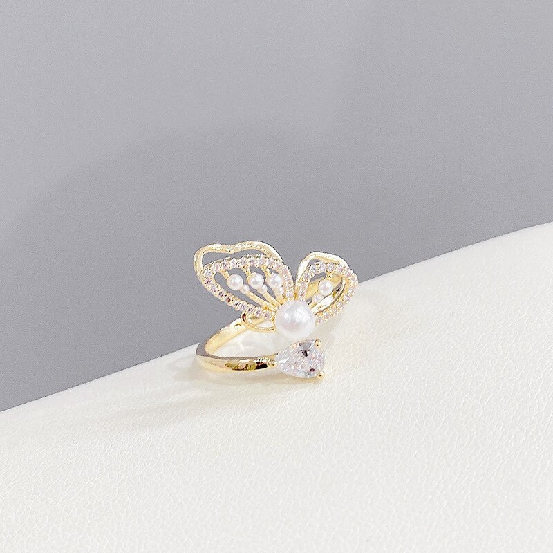 Korean Style Fairy Elegant Butterfly Wings Micro Inlaid Zircon Pearl Ring Female Open Adjustable Ring Ring