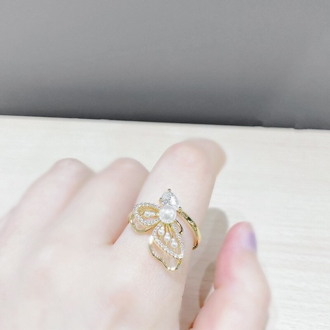 Korean Style Fairy Elegant Butterfly Wings Micro Inlaid Zircon Pearl Ring Female Open Adjustable Ring Ring