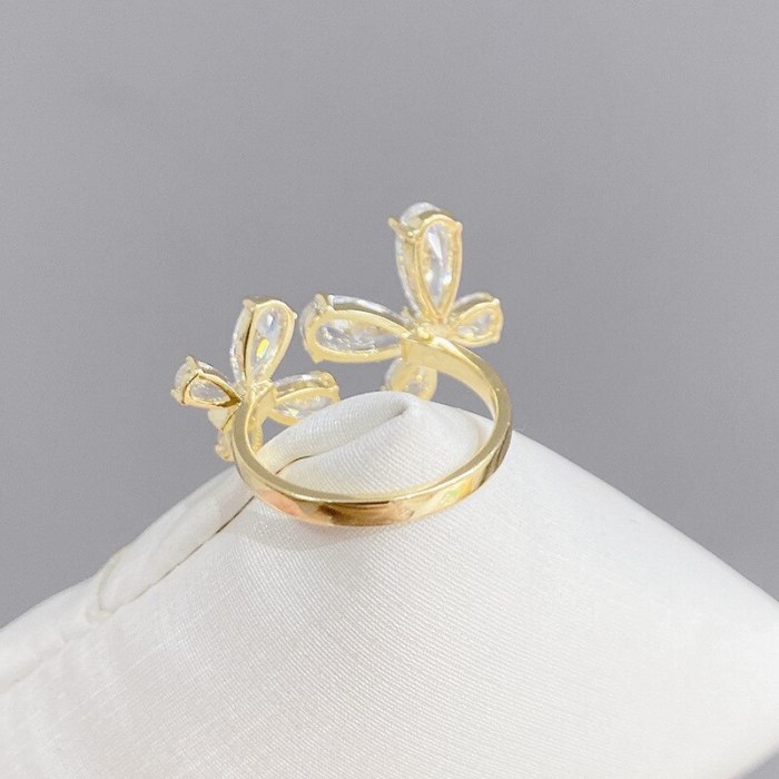 Copper Inlaid Zircon Ring Real Gold Plating Petals Special-Interest Design Index Finger Ring Ornament Wholesale