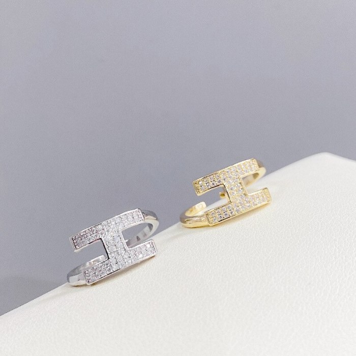 H Letter Zircon Micro-Inlaid Adjustable Ring Electroplated Real Gold Ring Open Light Luxury Ornament