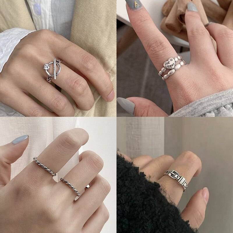 European and American Fashion Cool Silver Ring Female Smiling Face Layered Retro Punk Simple Index Finger Ring