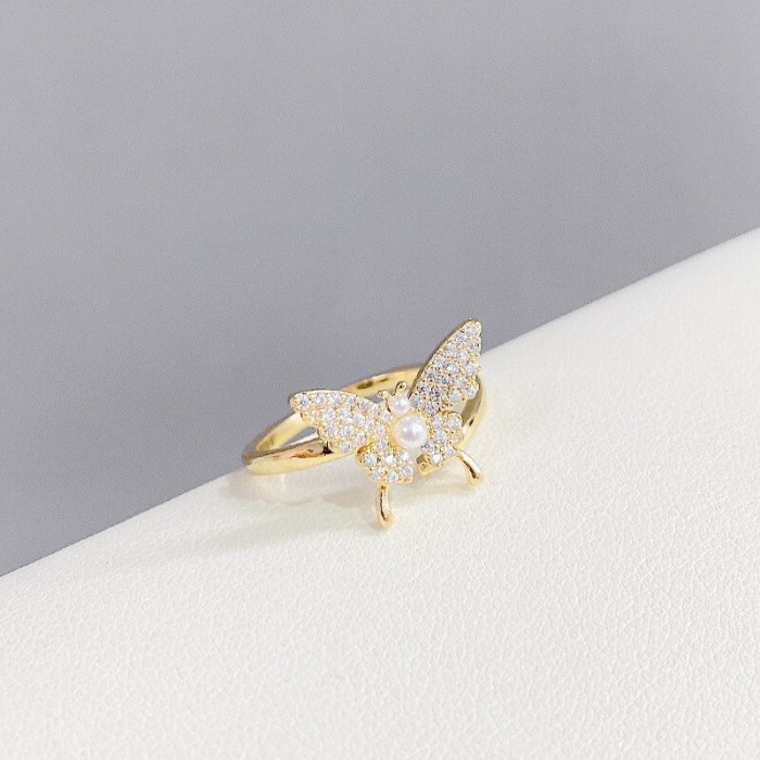 Temperamental Fairy Design Pearl Butterfly Ring Micro-Inlaid Texture Ins Online Influencer Fashion Open Ring