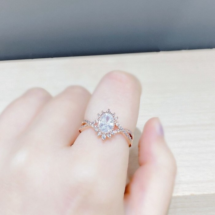 Fashion Simple Style Oval Zircon Super Flash Ring Open Ring Online Influencer Refined Index Finger Ring