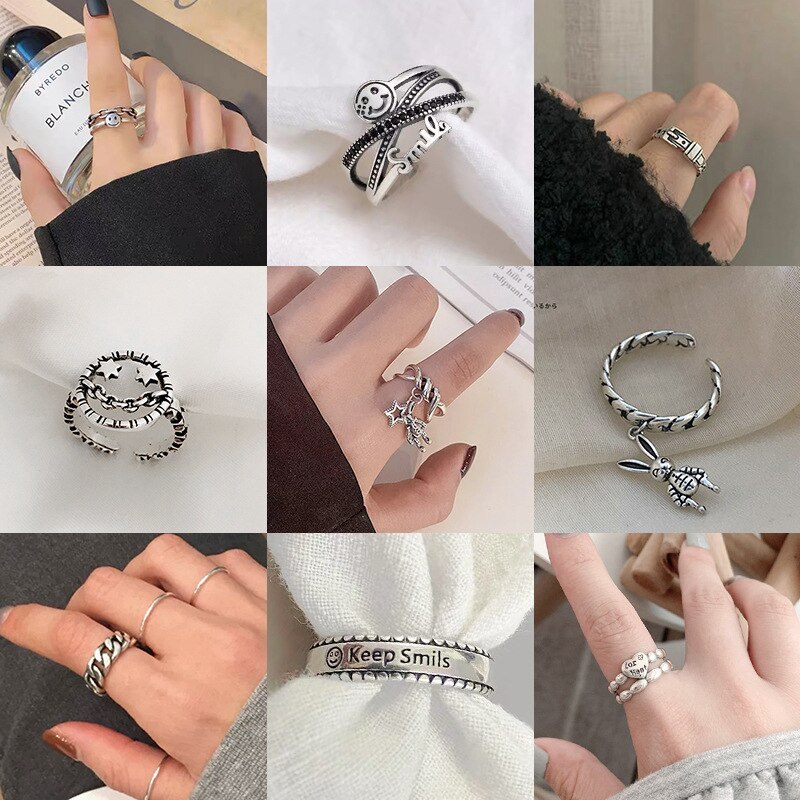 European and American Fashion Cool Silver Ring Female Smiling Face Layered Retro Punk Simple Index Finger Ring