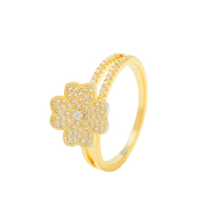Four-Leaf Clover Micro-Inlaid Zircon Ring Opening Adjustable Fashion Peach Heart Forefinger Ring Wholesale
