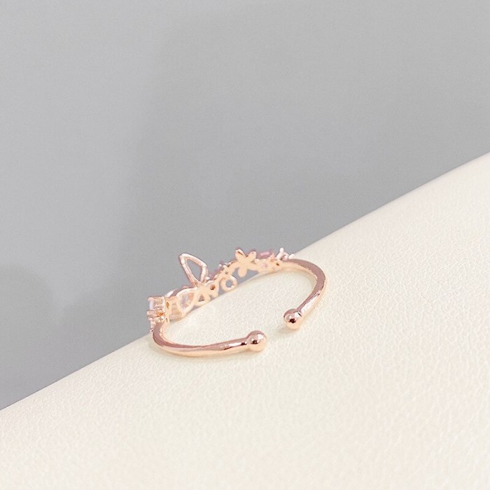Light Luxury Design Bow Zircon Opening Copper Ring 14K Gold Plated Gentle Fashion Ring