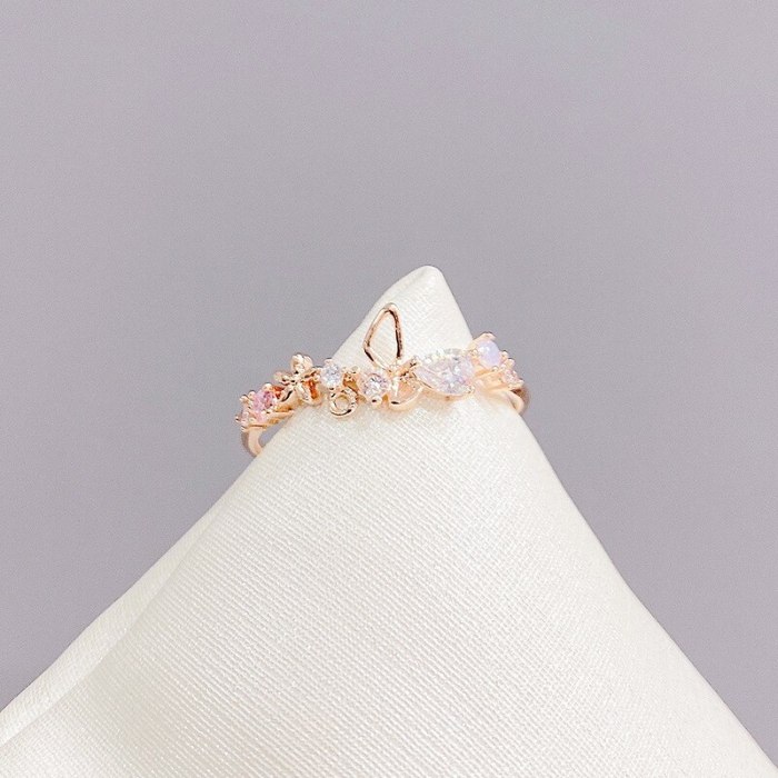 Light Luxury Design Bow Zircon Opening Copper Ring 14K Gold Plated Gentle Fashion Ring