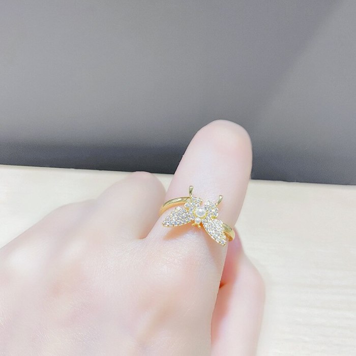 Temperamental Fairy Design Pearl Butterfly Ring Micro-Inlaid Texture Ins Online Influencer Fashion Open Ring