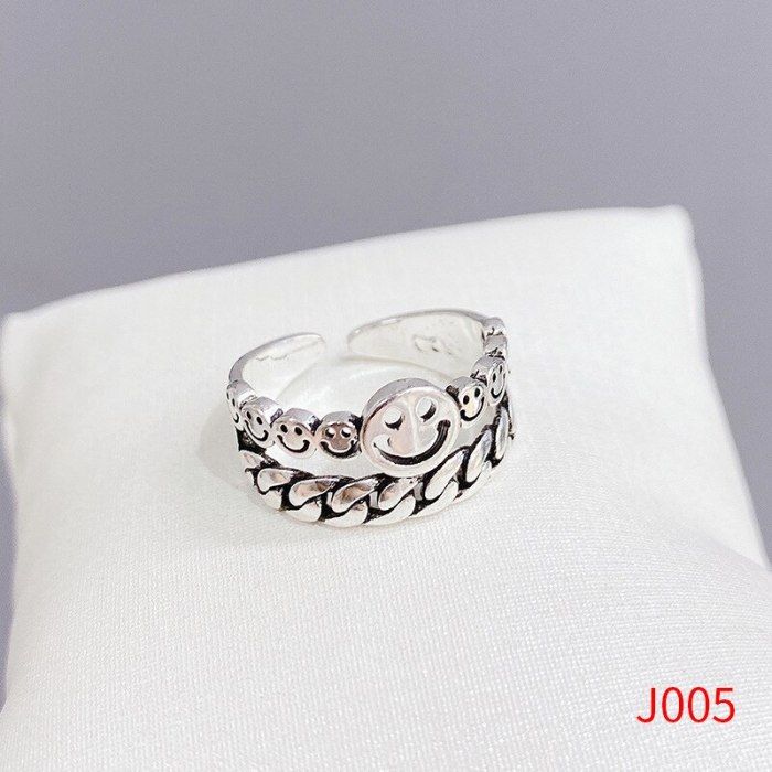 European and American Fashion Cool Silver Ring Female Smiling Face Layered Retro Punk Simple Index Finger Ring