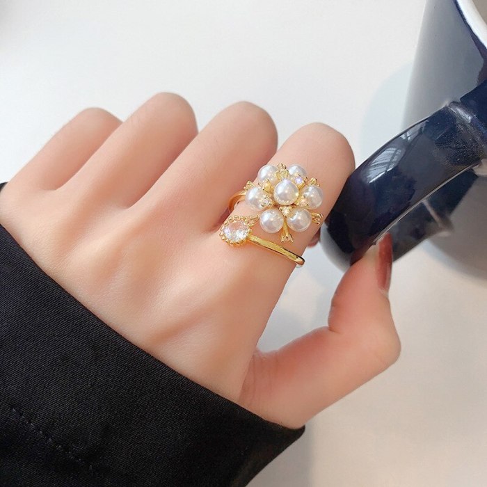 Japanese and Korean Style Indie Design Sweet Temperament Ornament Open-End Pearl Ring Simple Ring Online Influencer Ring